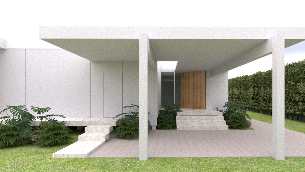 Vista frontal de una construcción moderna con patio, escaleras de piedra y vegetación alrededor, con un muro de plantas en el fondo.