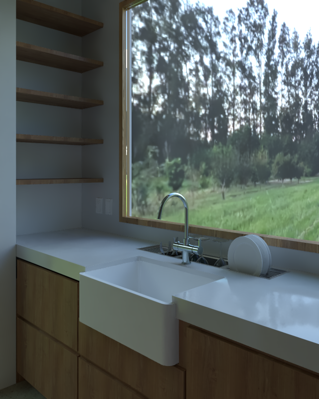 Ventana grande con vista a un área verde y árboles, cocina moderna con fregadero y estantes de madera.