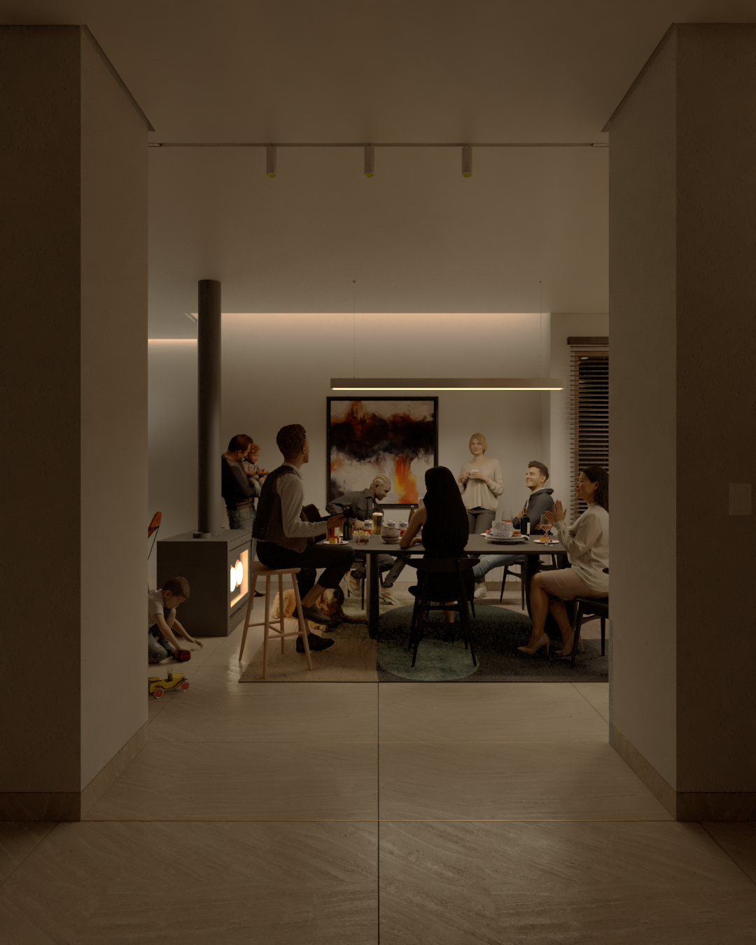 Render de proyecto del estudio Sol Rodriguez Arquitectura que muestra a grupo de personas cenando en una sala moderna, con una niña pequeña jugando en el suelo y una obra de arte abstracta en la pared.