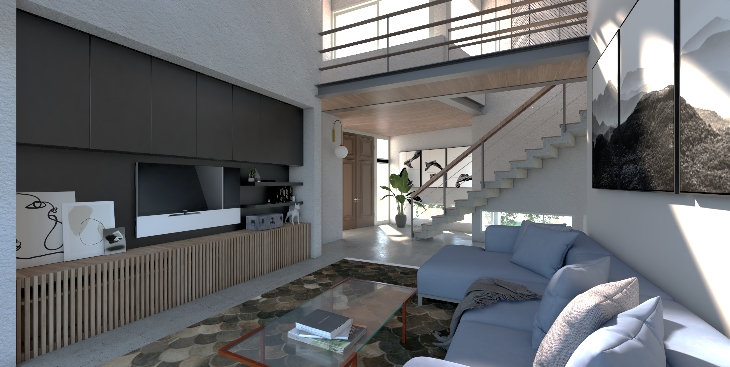 Render de proyecto del Estudio S.R.ARQ del interior de sala moderna con sofá azul, mesa de centro de cristal, paredes decoradas con cuadros de ballenas, escalera de concreto y madera, plantas y ventanas que permiten la entrada de luz natural.