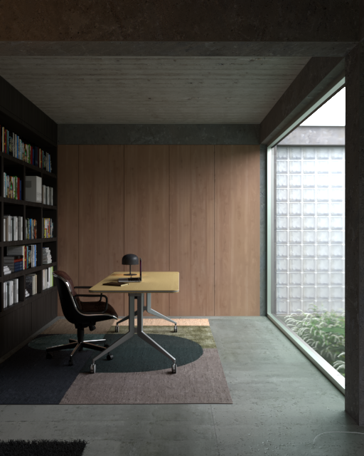 Una oficina moderna con una mesa, una lámpara, una silla, una pared de madera y una ventana grande con vista al jardín.