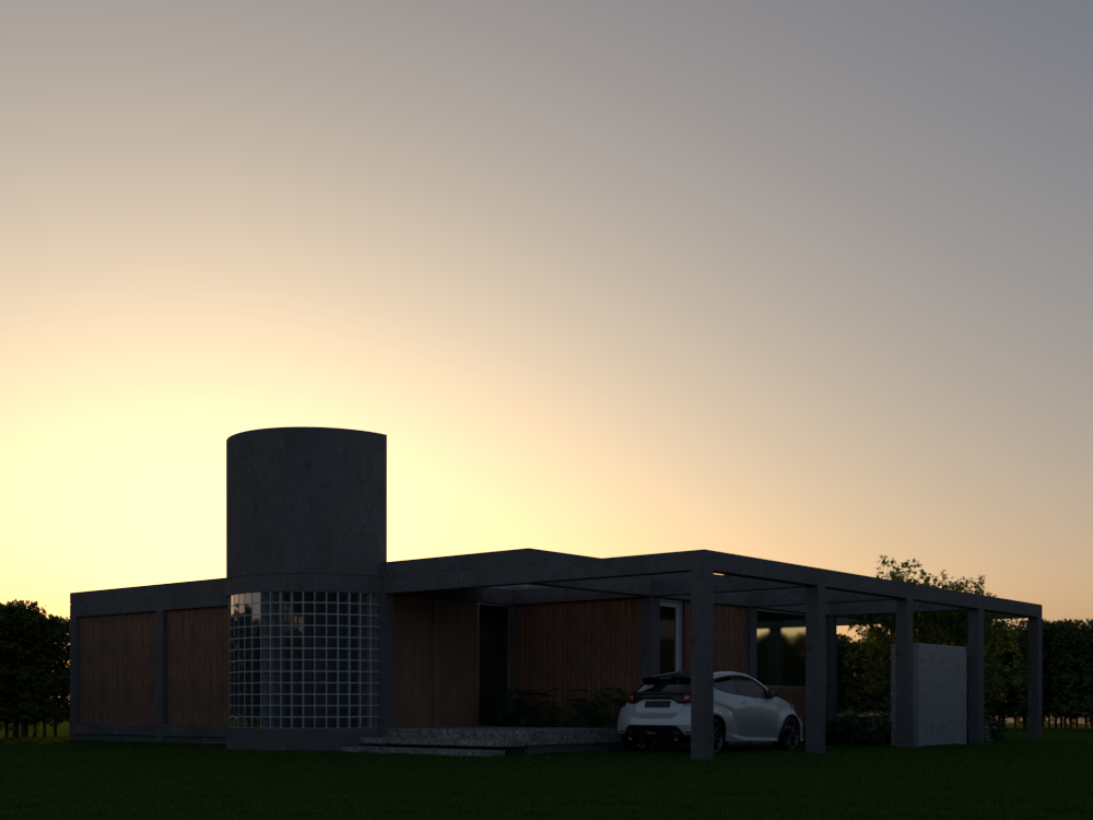 Vista de una casa moderna con estructura de concreto, madera y vidrio, con una cochera y un coche estacionado, al atardecer.