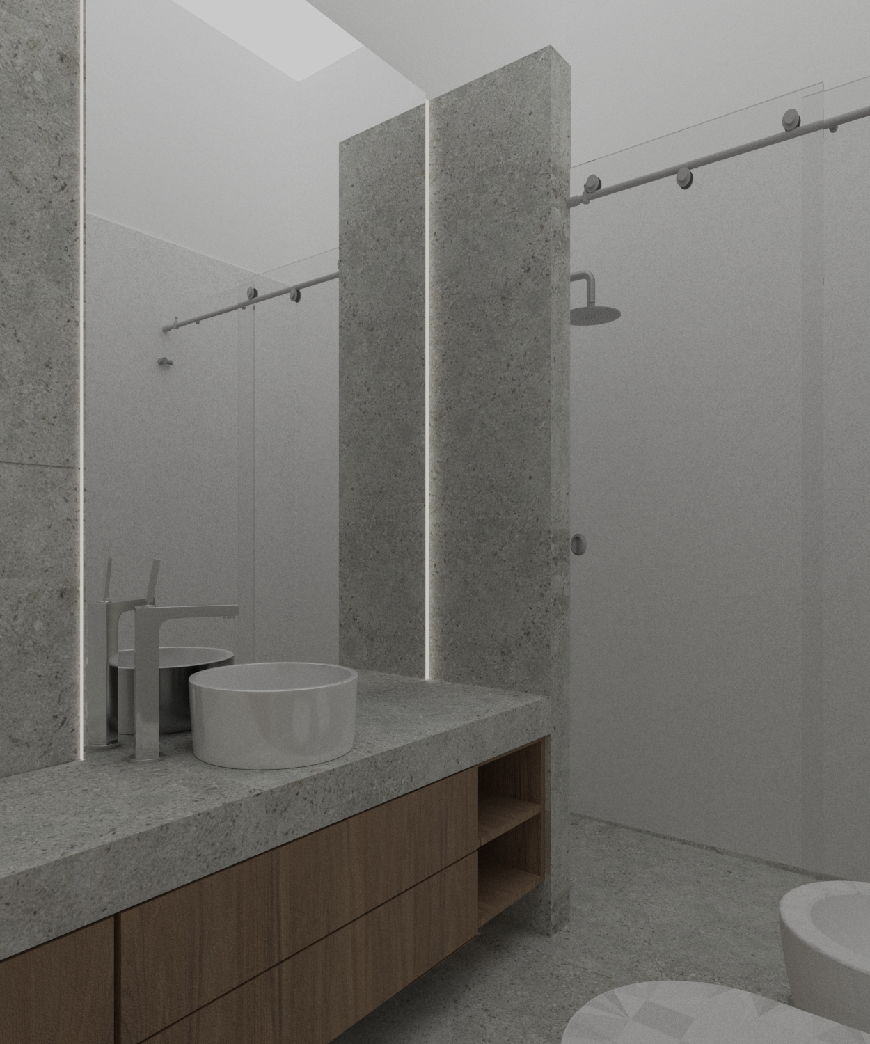 Interior de baño con lavabo de cerámica, grifo moderno, espejo grande, pared de piedra, ducha con cortina de riel y lavabo adicional, muebles de madera.