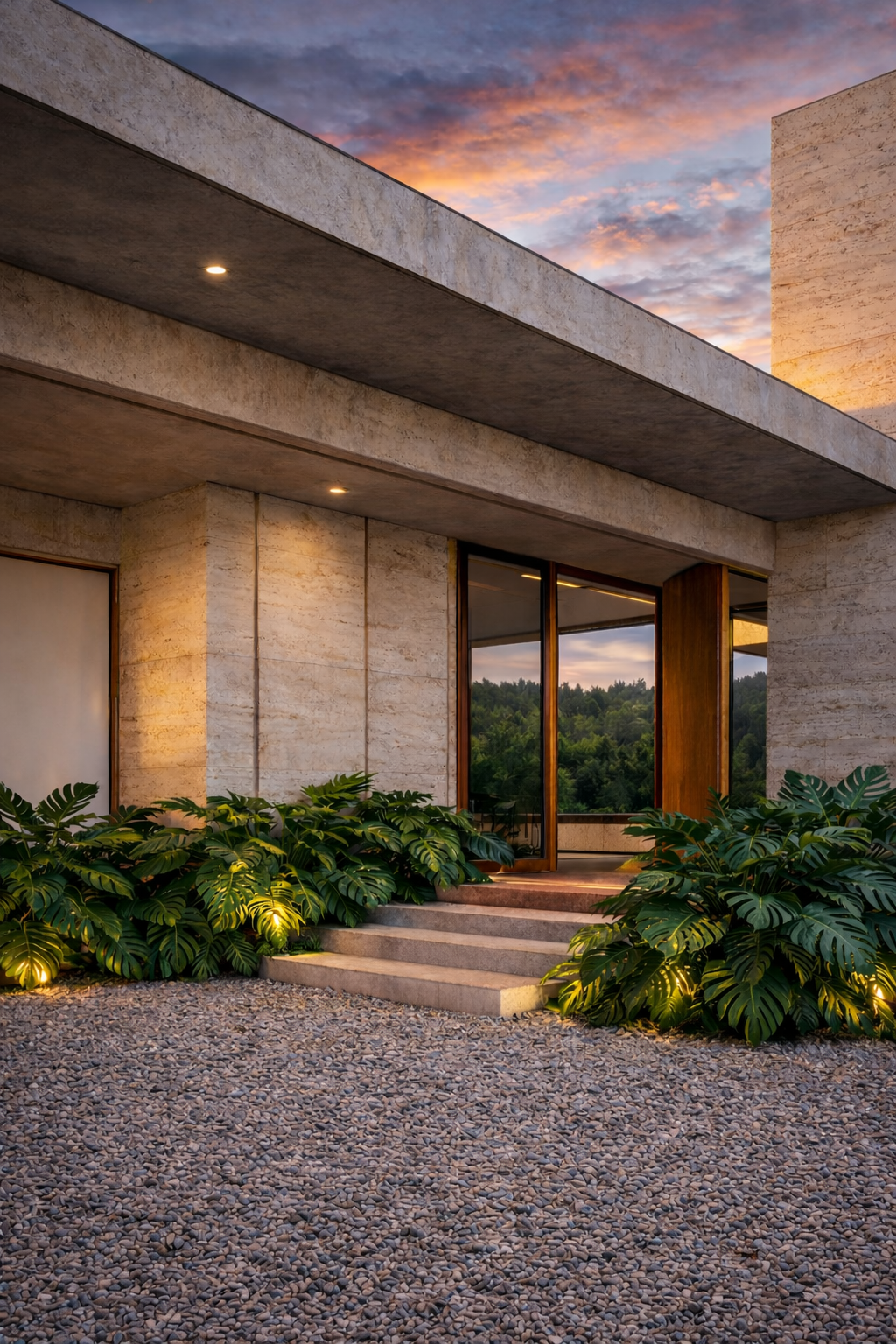 Fachada de una casa moderna de materiales de piedra con un patio de grava y vegetación iluminada, al atardecer con cielo nublado y luces empotradas en el techo.