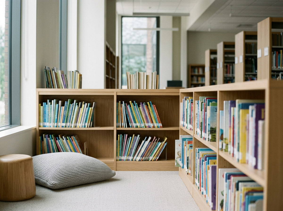 Bookshelves filled with children's books in a library corner with a cushion and small wooden stool near a window.