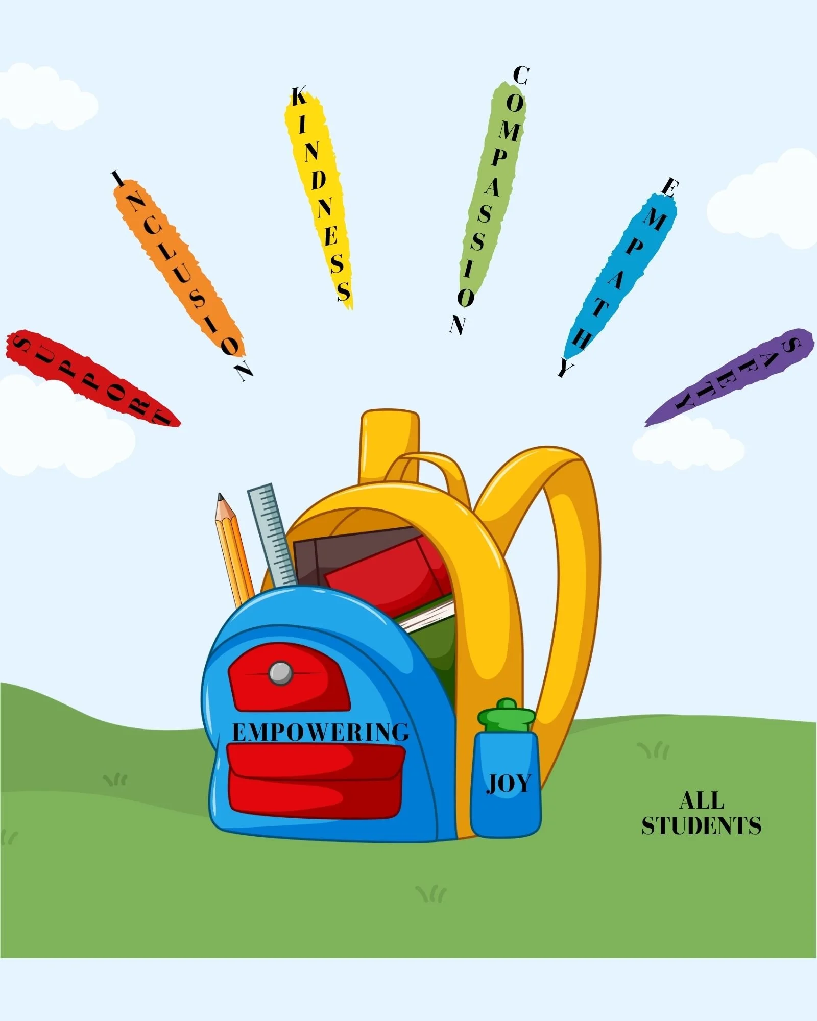 A colorful illustration of a backpack filled with school supplies, with motivational words on the supplies and surrounding text emphasizing values like confidence, kindness, compassion, empathy, respect, joy, and encouragement, aimed at empowering all students.