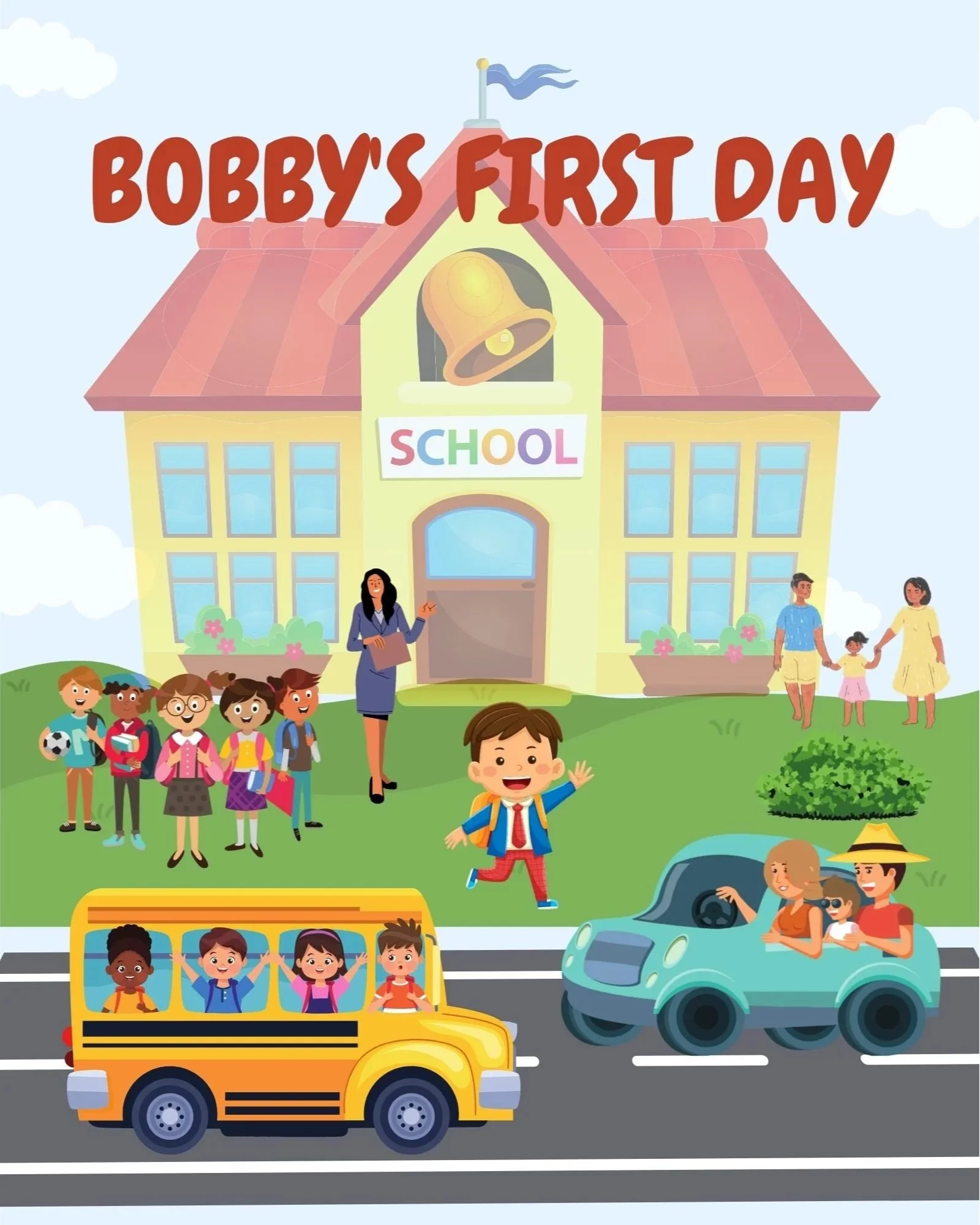 A colorful illustration of a school scene with children walking, waiting at a bus stop, and crossing the street. A school building with a bell and a sign that says "School" is in the background. A yellow school bus and a green car are on the road, and a woman and child are at a crosswalk.