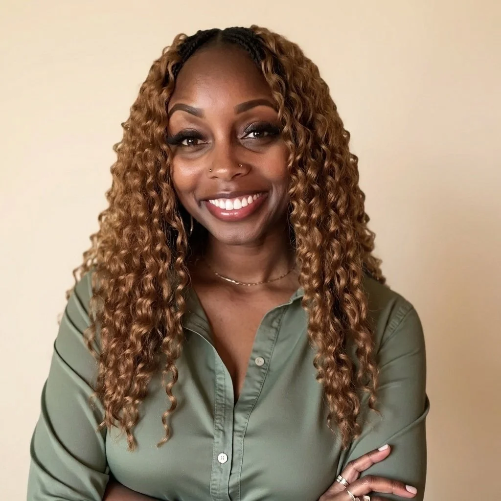 A woman with long, curly brown hair smiling at the camera, wearing an olive green button-up shirt, standing against a plain beige background.