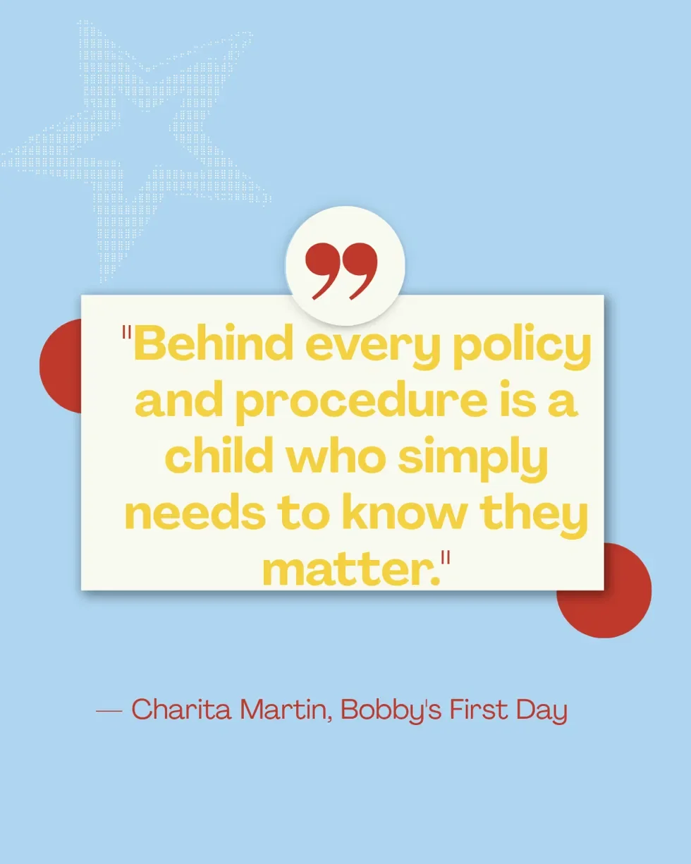 Quote by Charita Martin in yellow text on a light blue background, with a dotted star graphic in the top left corner and red decorative circles.