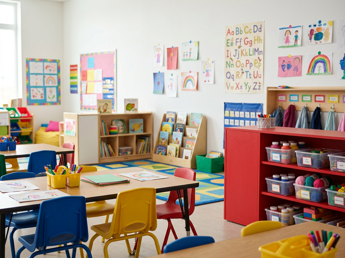 Colorful classroom with children's artwork, books, and art supplies, including a red shelf with art materials, and small tables with chairs.
