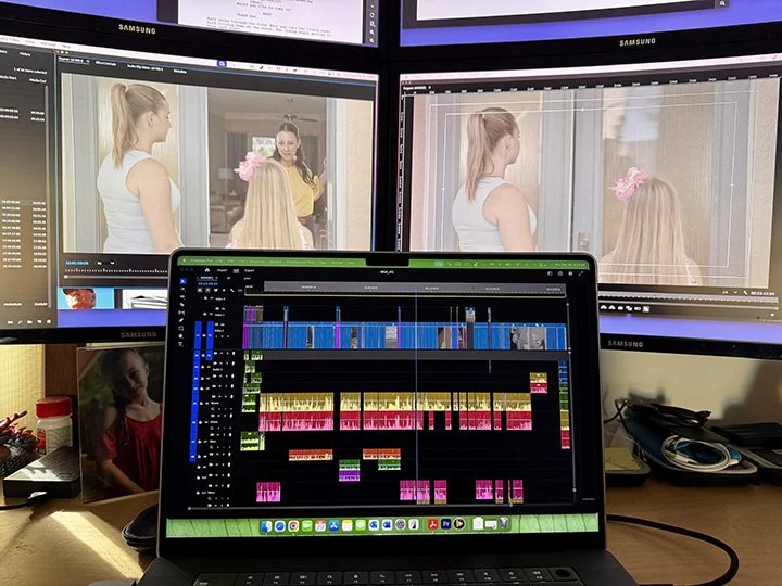 A video editing workspace with multiple monitors displaying footage of two women with a young girl, and a laptop showing editing timelines and audio tracks.