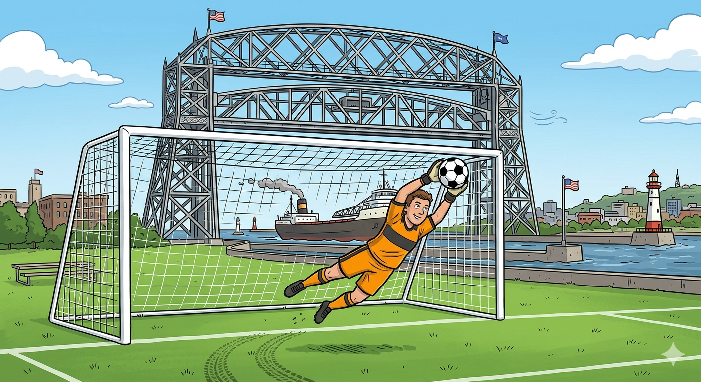 Illustration of a soccer goalkeeper diving to catch a soccer ball in front of a goal on a waterfront background, with a bridge, ships, lighthouse, and cityscape in the distance.