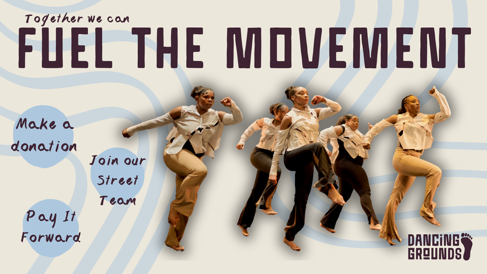 A promotional image for a fundraising event shows five dancers in beige pants and white tops, jumping in the air. The background features swirly blue lines, and there are text bubbles with phrases like "Make a donation," "Pay It Forward," and "Join our Street Team." The event is called "Fuel the Movement," organized by Dancing Grounds.
