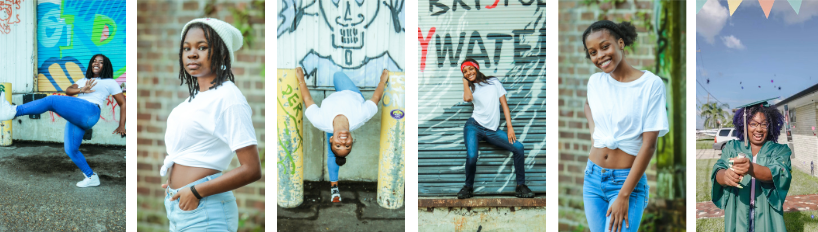 Series of photos featuring young girls in casual outfits, some posing and smiling, with urban and outdoor graffiti backgrounds.