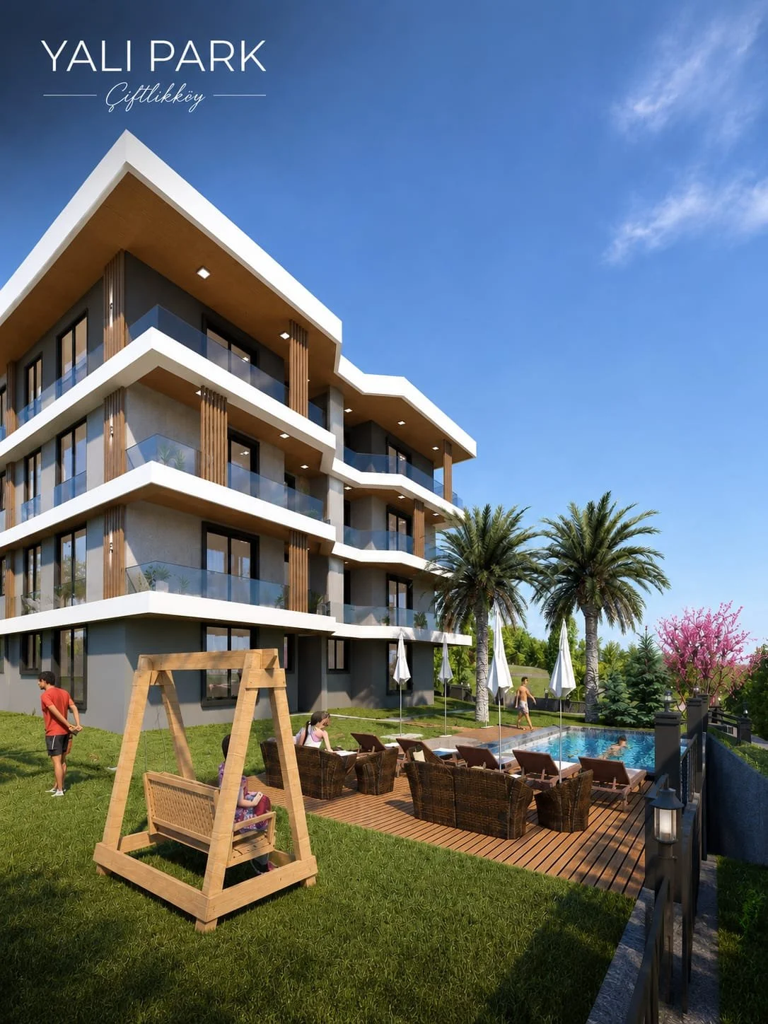 Gelişmiş, çok katlı, modern tasarımlı apartman binası, önünde açık havuz ve bahçede çocuklar ve yetişkinler vakit geçiriyor, palmiyeler ve çiçekler çevresinde.