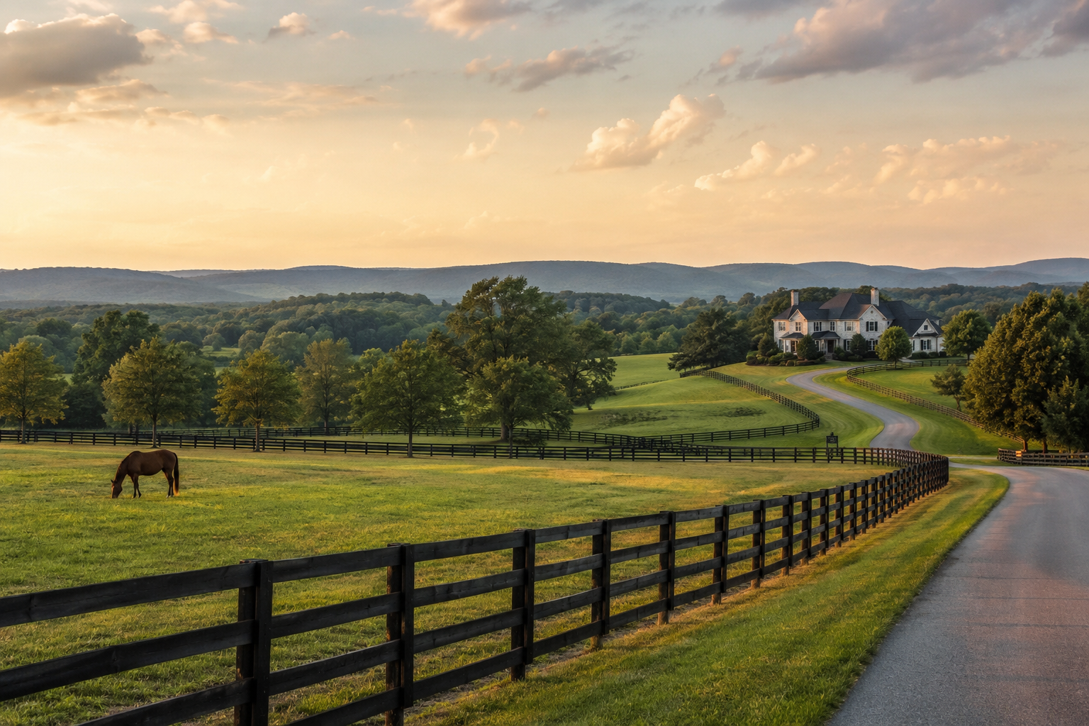 A rural landscape at sunset featuring a winding driveway, a white house on a hill, a fenced pasture with a horse grazing, and rolling green hills in the background.