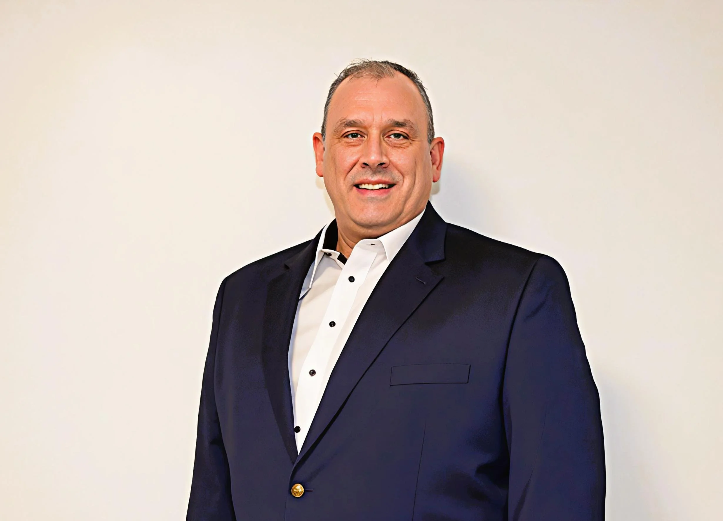 Portrait of a man in a tuxedo, smiling, against a plain white background.