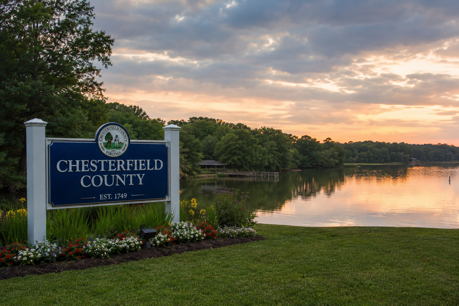 A sign for Chesterfield County, Virginia, with a river and a sunset in the background.