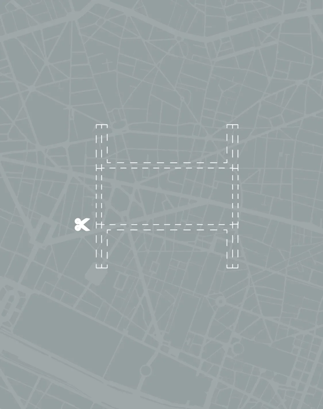 Map with dashed lines forming a square, scissors icon on the left side indicating a cut or selection.