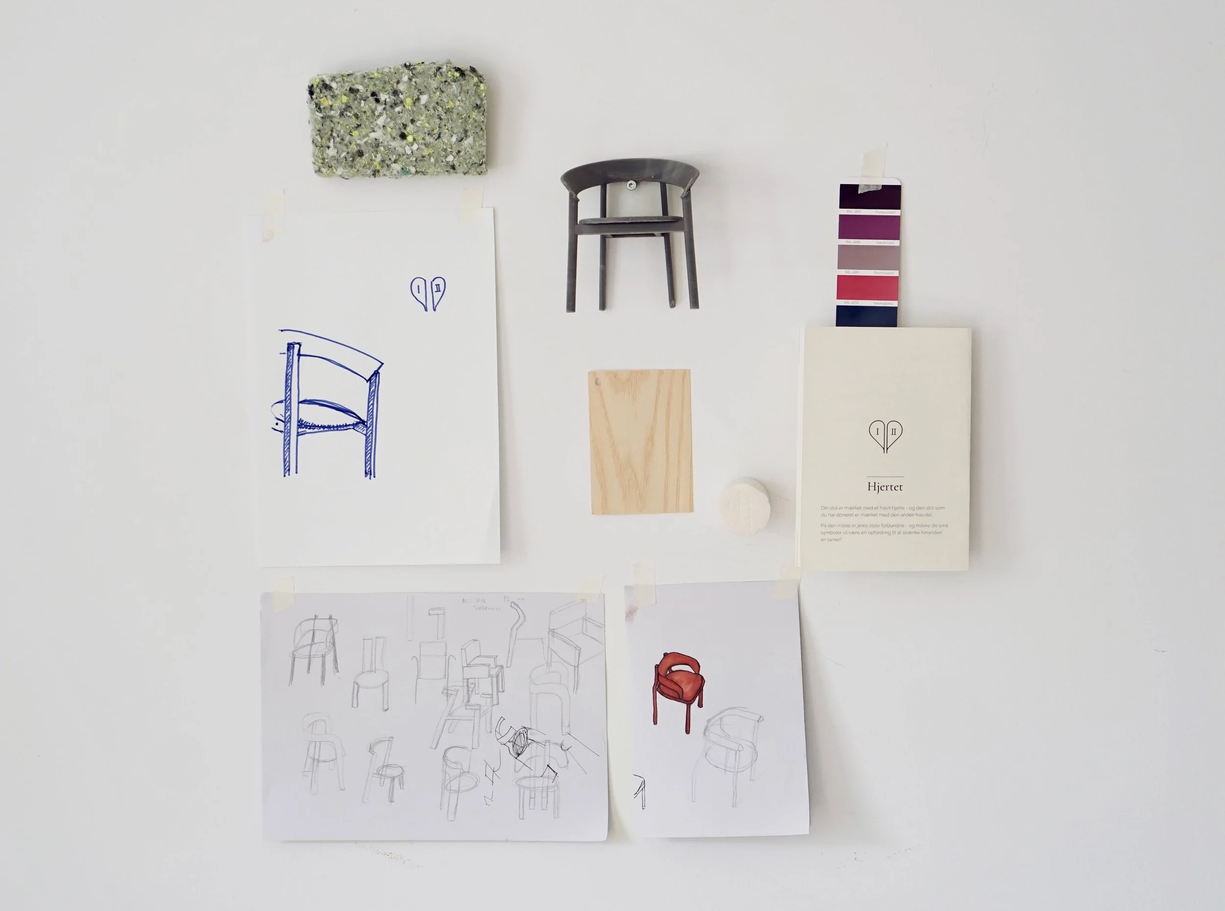 Various sketches and designs of chairs, including hand-drawn illustrations, a small wooden chair, fabric swatches, and a paper with text.Mark de Vos Dalhoum