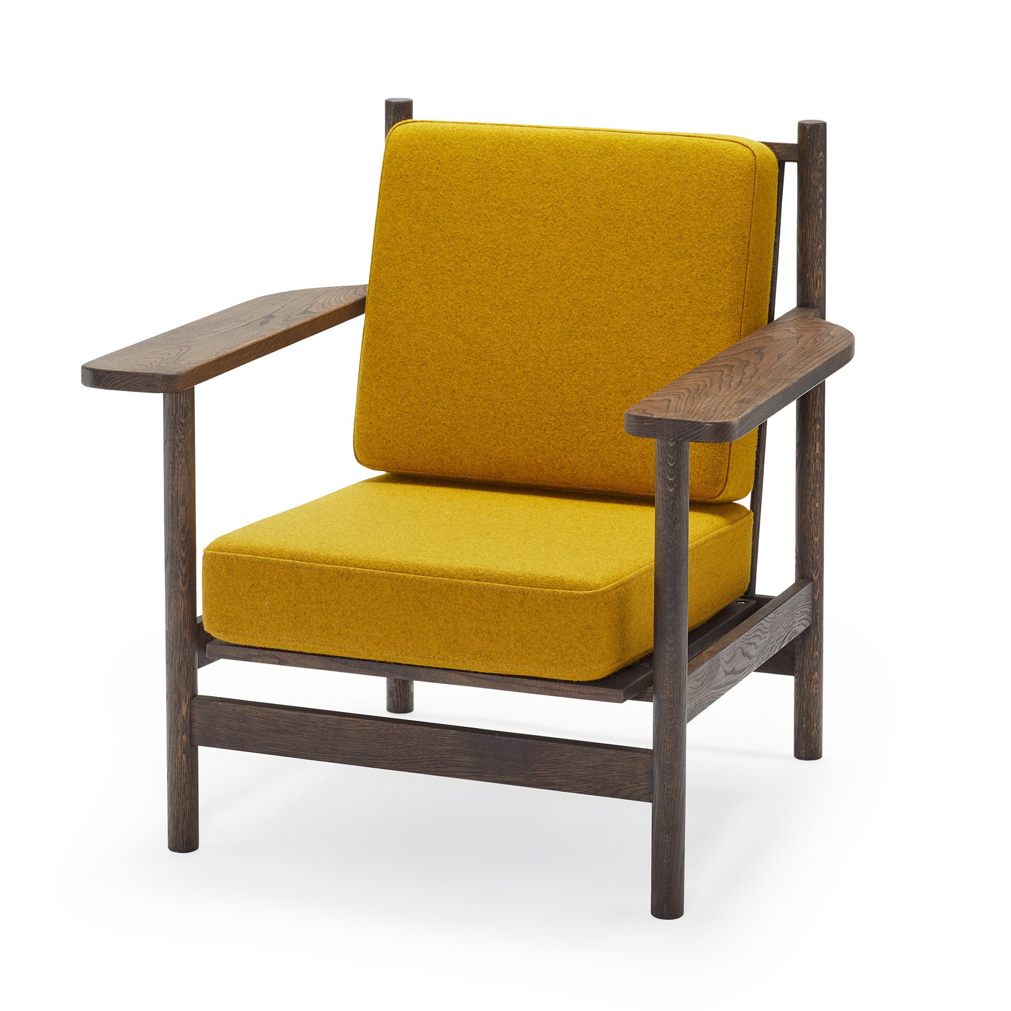 A wooden armchair with yellow upholstered cushions on the seat and backrest, set against a plain white background.