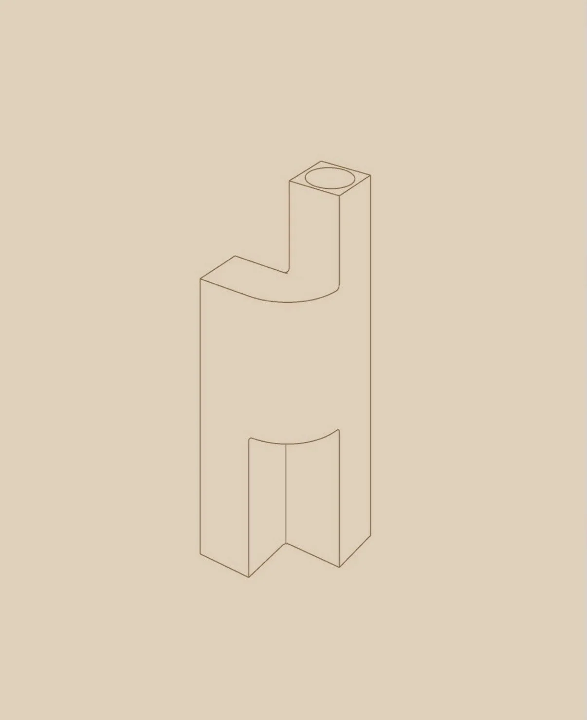 A minimalist digital illustration of a pipe wrench in beige tones. Lysestage af Mark de Vos Dalhoum. / Candle holder by Mark de Vos Dalhoum.