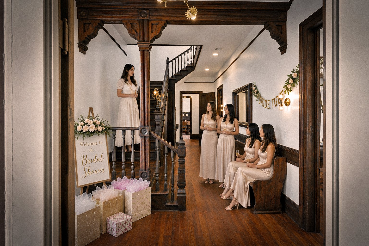 Bridesmaids and a bride-to-be having a bridal shower in the entry of the Mollie Walters House in downtown Galveston.