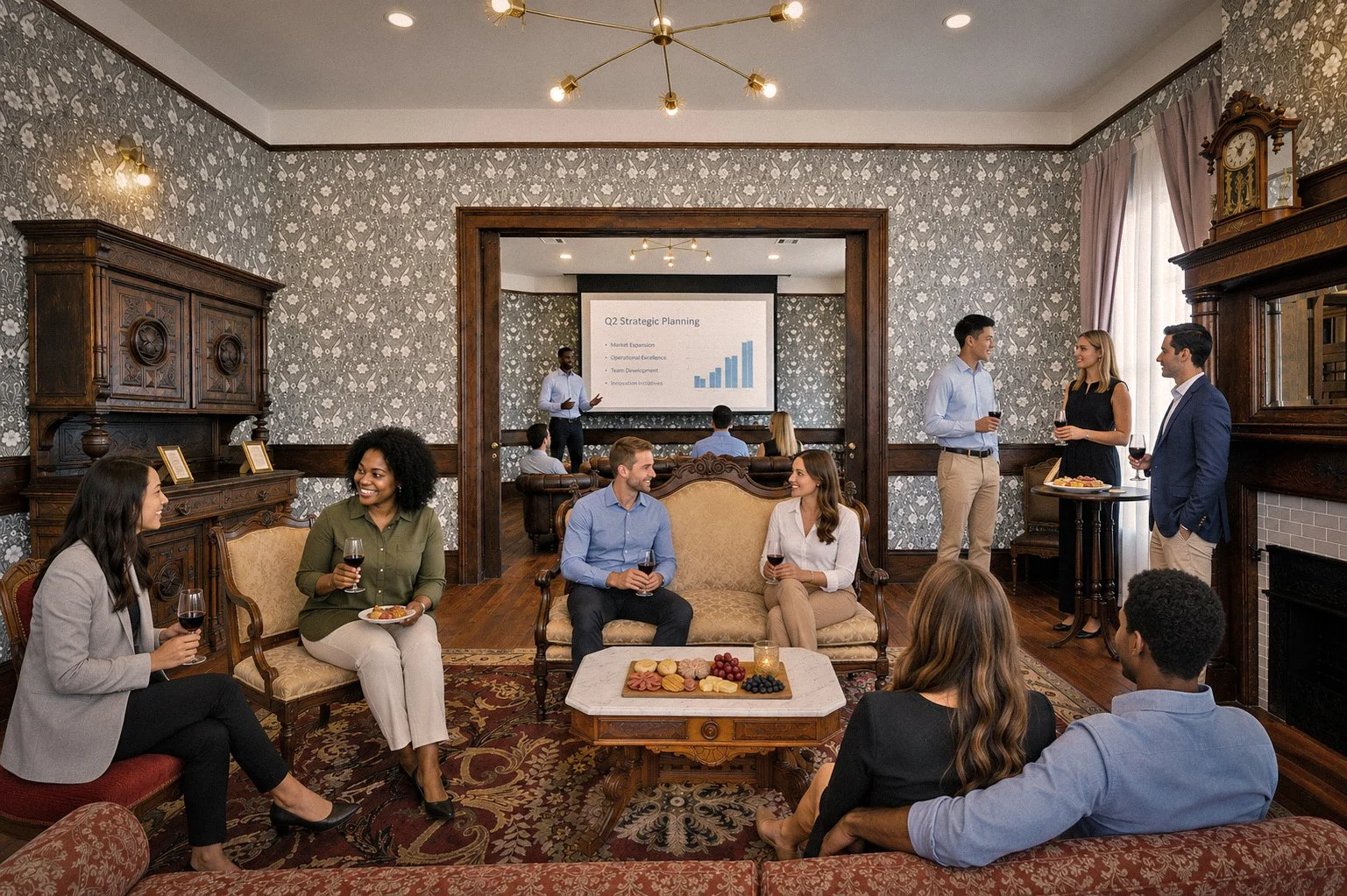 Professionals socializing in the Scarlet Parlor at Mollie Walters House in downtown Galveston.