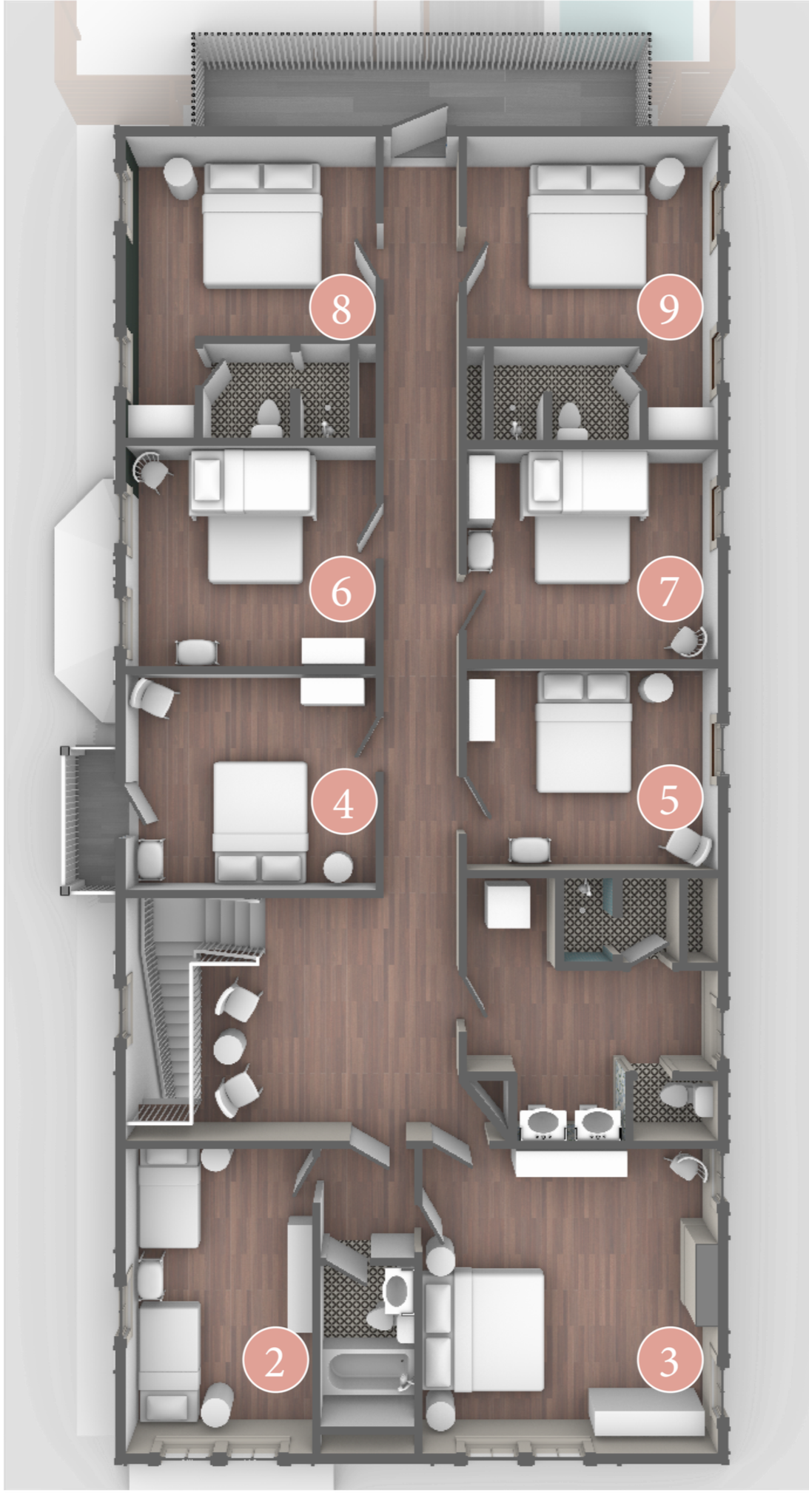 Floor plan of the restored second floor in the 1886 Mollie Walters House.