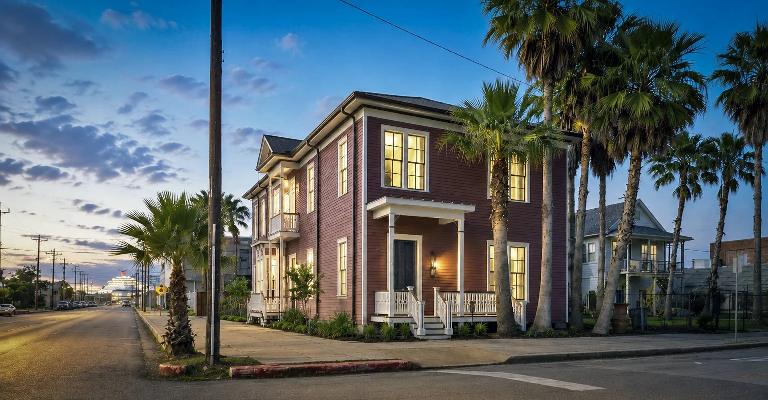 Mollie Walters House at dusk surrounded by palm trees, with a cruise ship in the background.