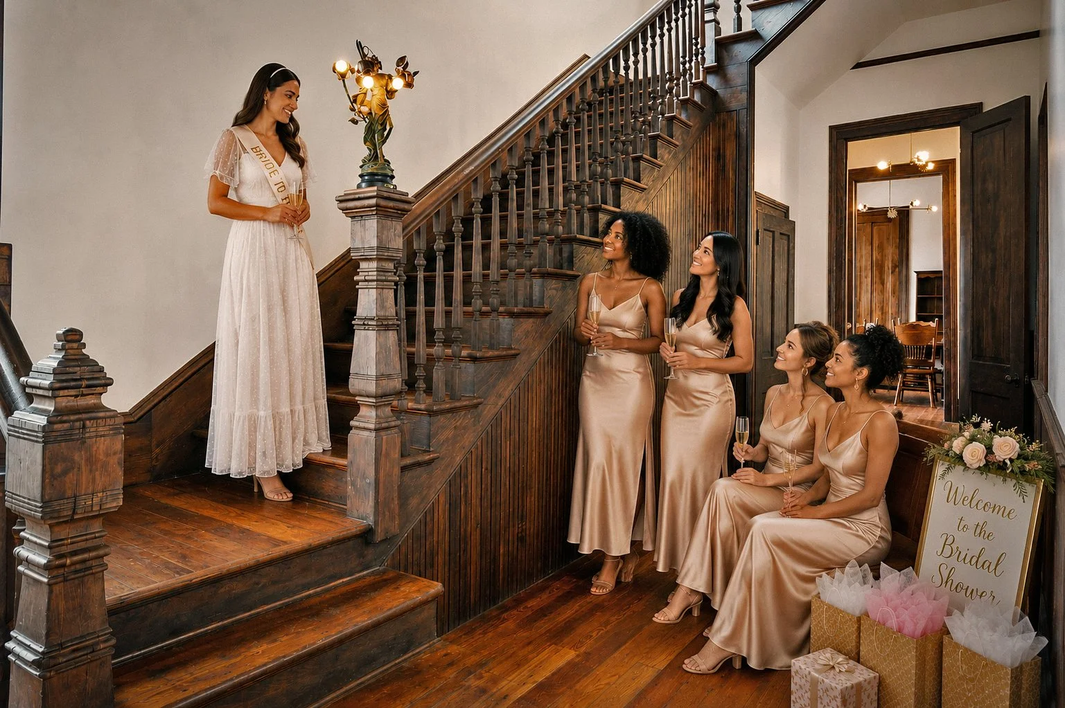 A bride and bridal party in the entry of the Mollie Walters House