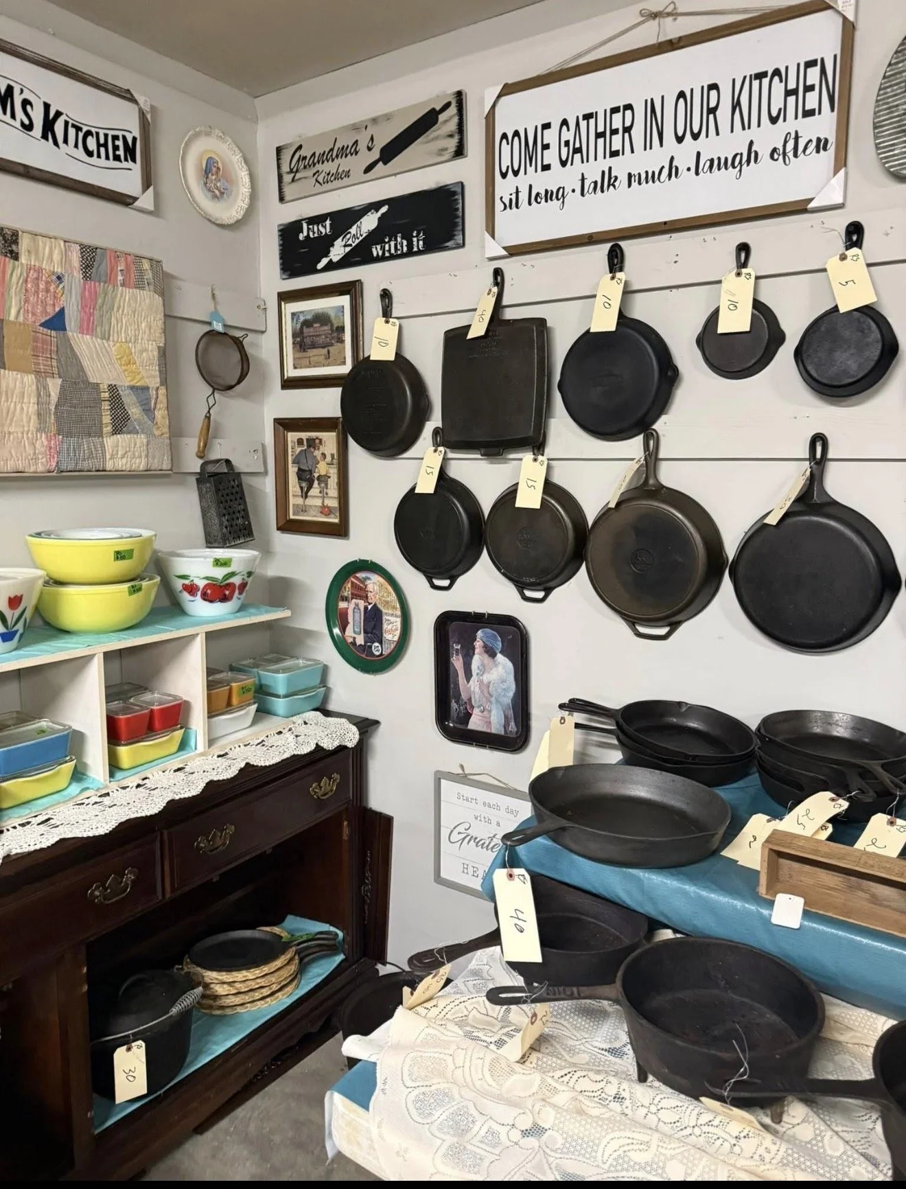 We offer a  wide variety of items such as cast iron, Fire King, Pyrex, and so much more.