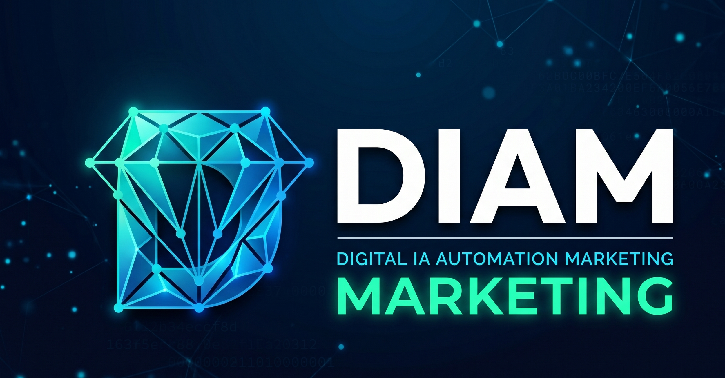 Logo de DMI con una figura de diamante digital en tonos azules y verdes, y texto que dice 'DIAM' y 'Marketing' con subtítulos en inglés relacionados con marketing digital y automatización inteligencia artificial.