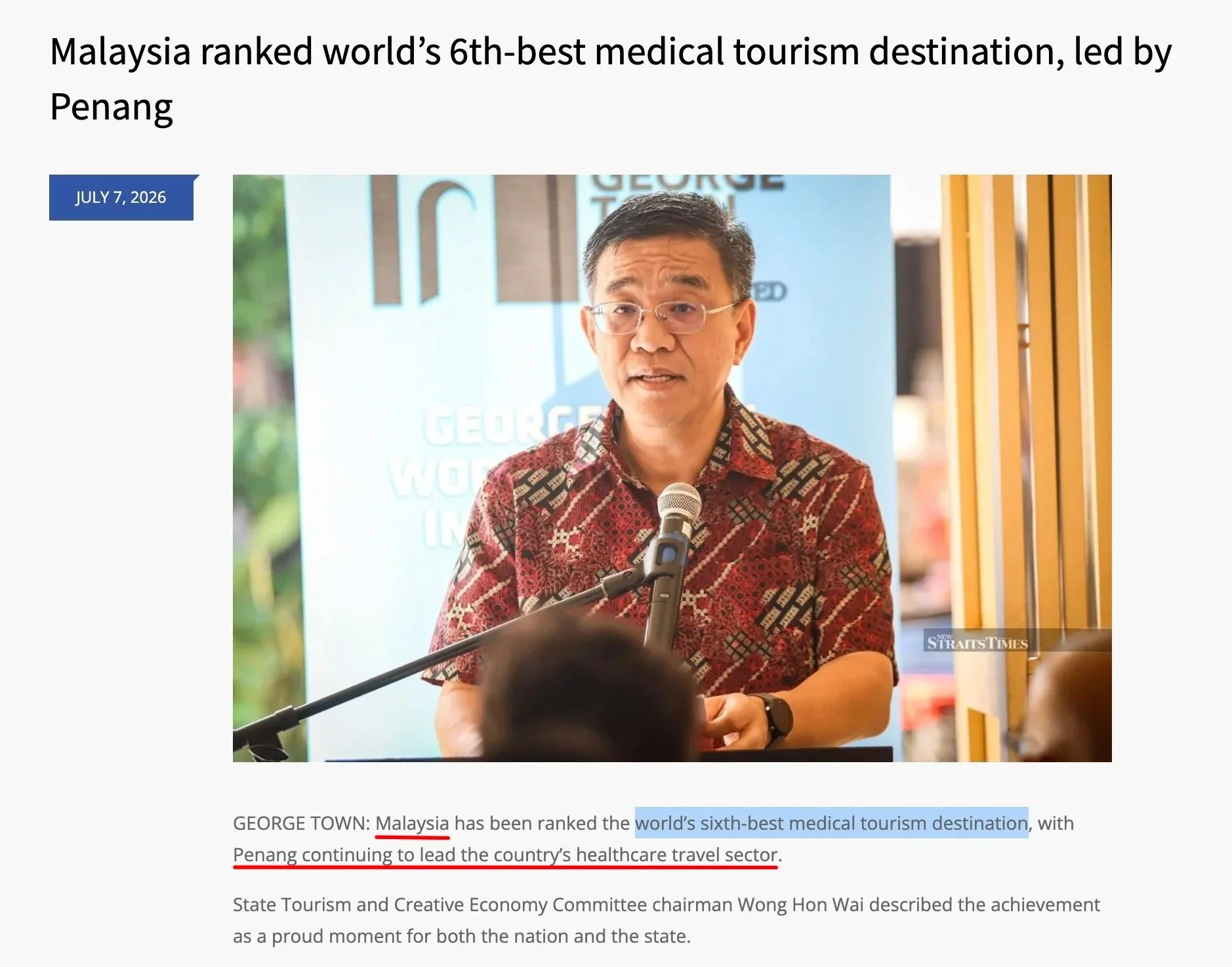 Screenshot of a news report about Penang’s strong medical tourism industry, illustrating one of the long-term demand drivers for Georgetown accommodation.