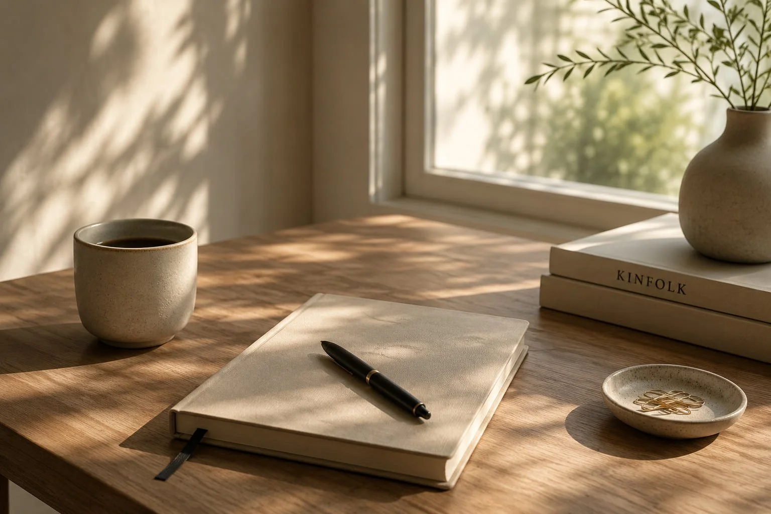 A wooden desk with a coffee cup, a closed notebook with a pen, a small dish with paper clips, a stack of books with a vase on top, and a window in the background with sunlight and shadows.