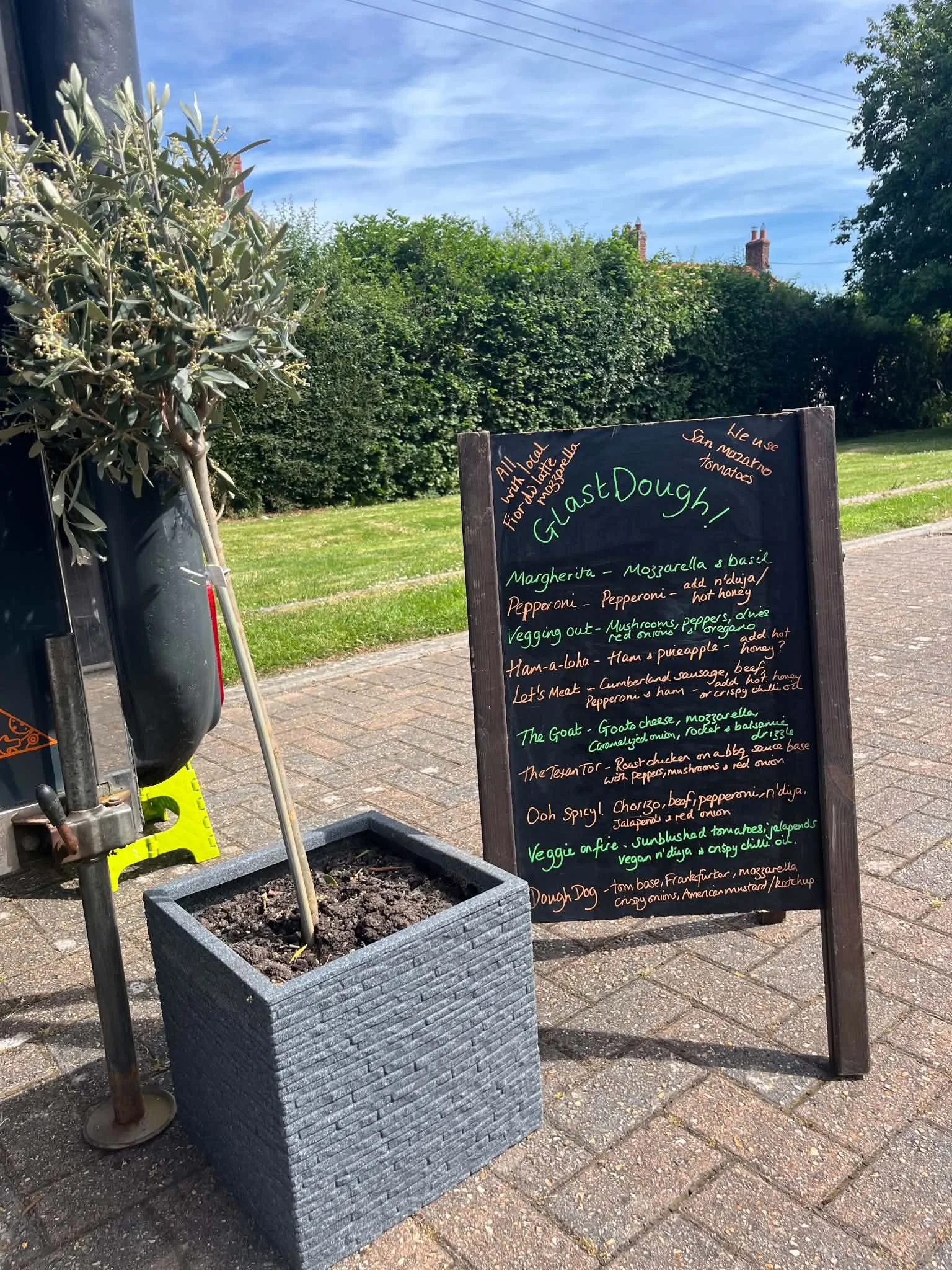 A black chalkboard sign on a sidewalk listing different types of gourmet toasted sandwiches with colorful handwriting, positioned next to a potted plant and a car. In the background, there are trees, bushes, and a partly cloudy sky.