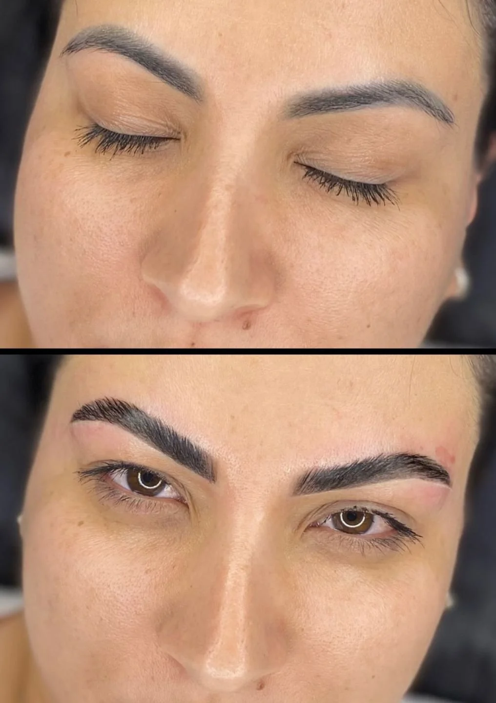 Before and after professional brow waxing with defined eyebrows