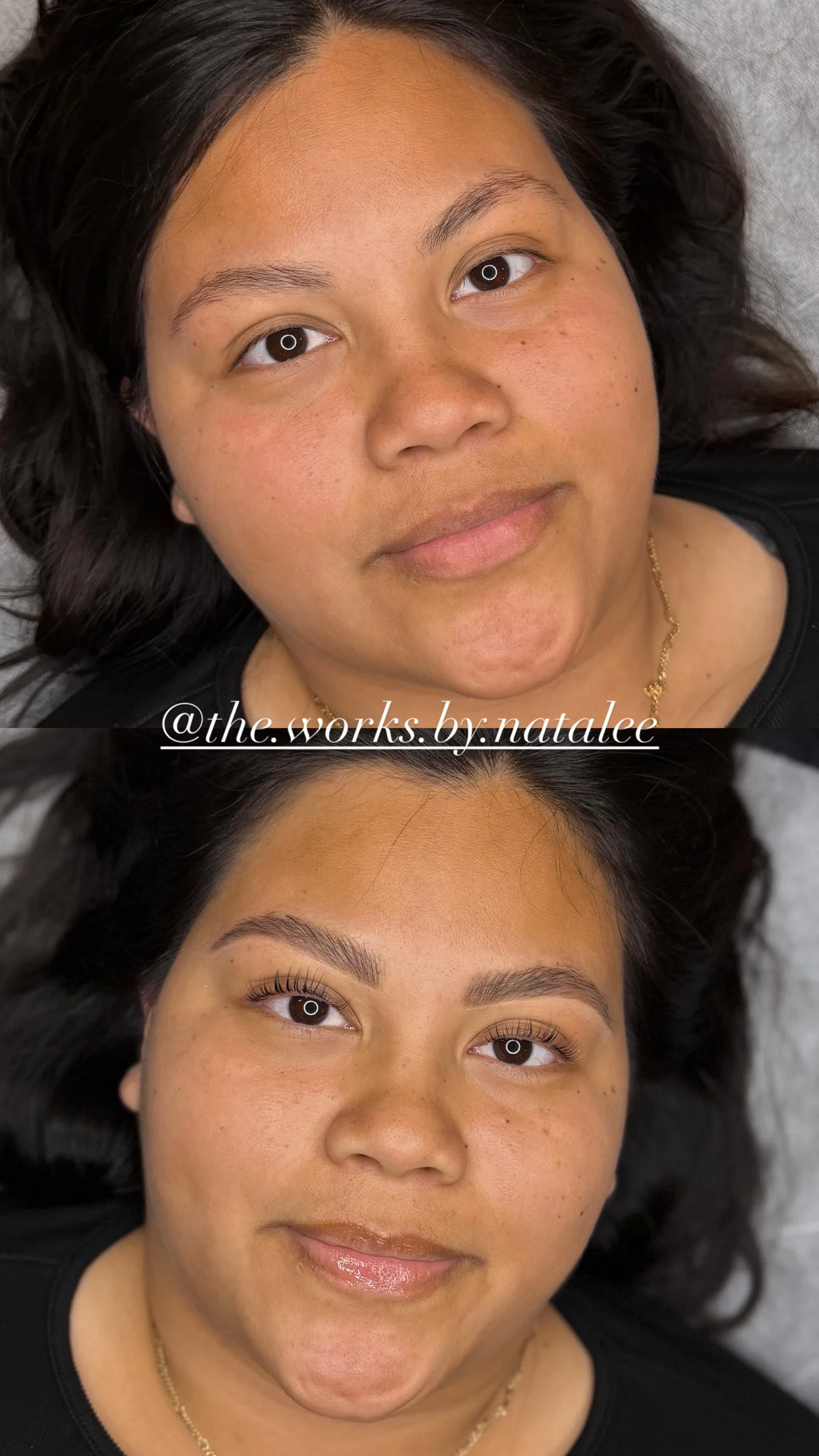 Before and after brow lamination showing fuller, lifted, and more defined eyebrows