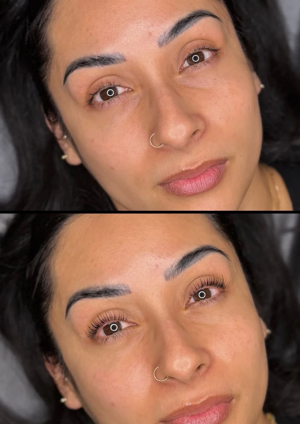 Before and after Korean lash lift showing naturally lifted and defined lashes
