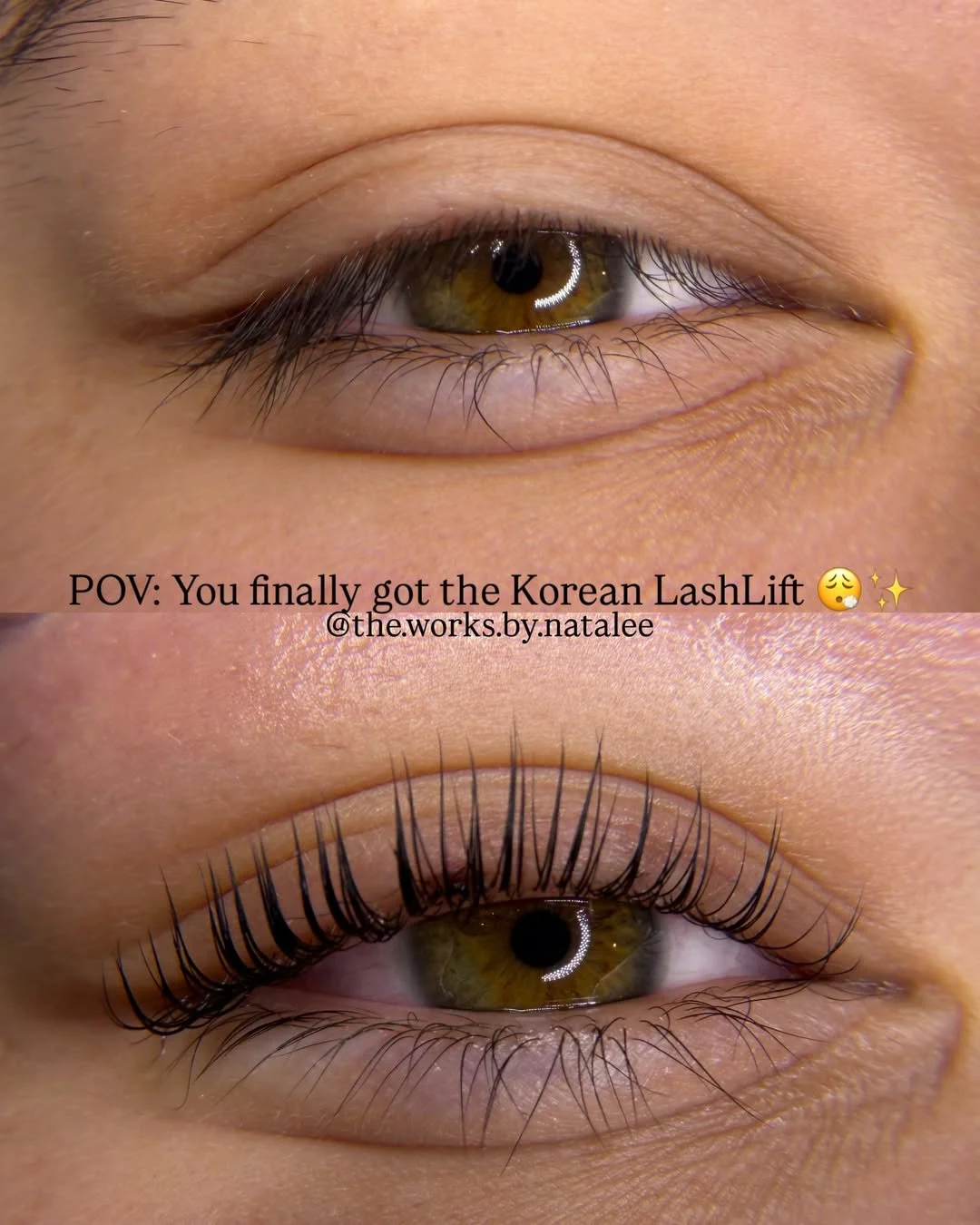 Before and after Korean lash lift showing longer-looking, naturally curled lashes