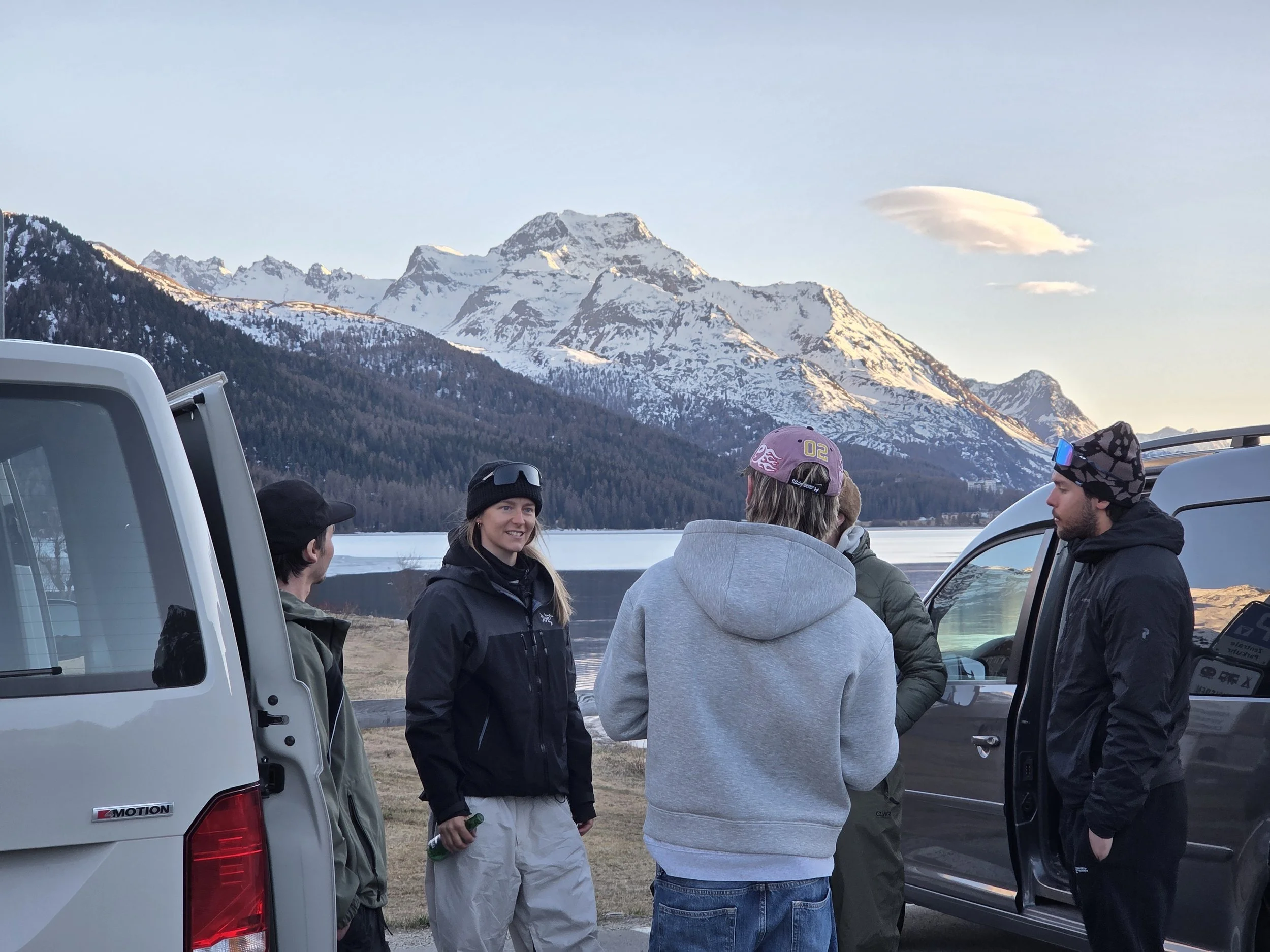 Chilling at the lake Silvaplana after a successful day shooting for CLWR Glacier edition
