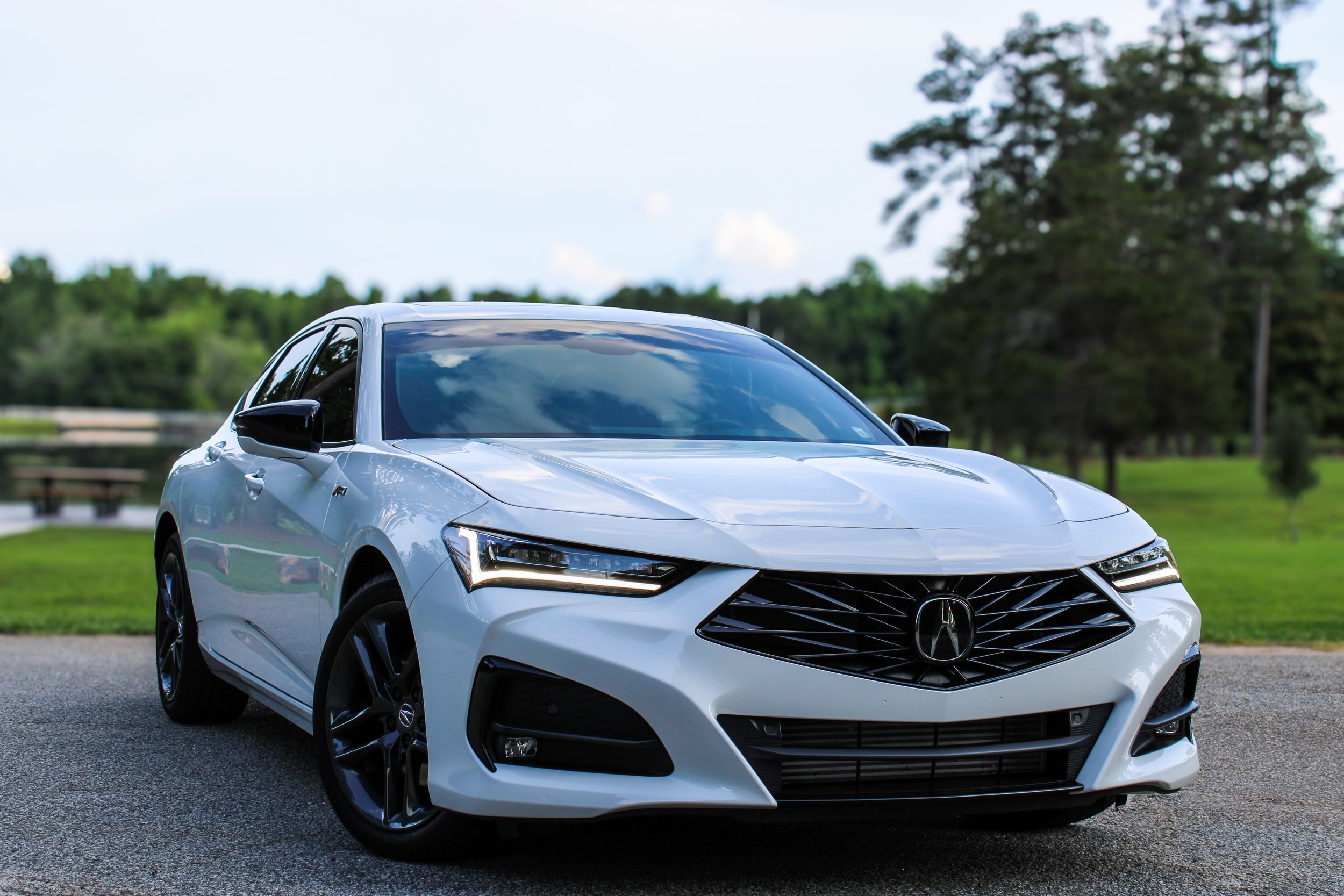 White Acura sedan automotive photo shoot in Senoia GA