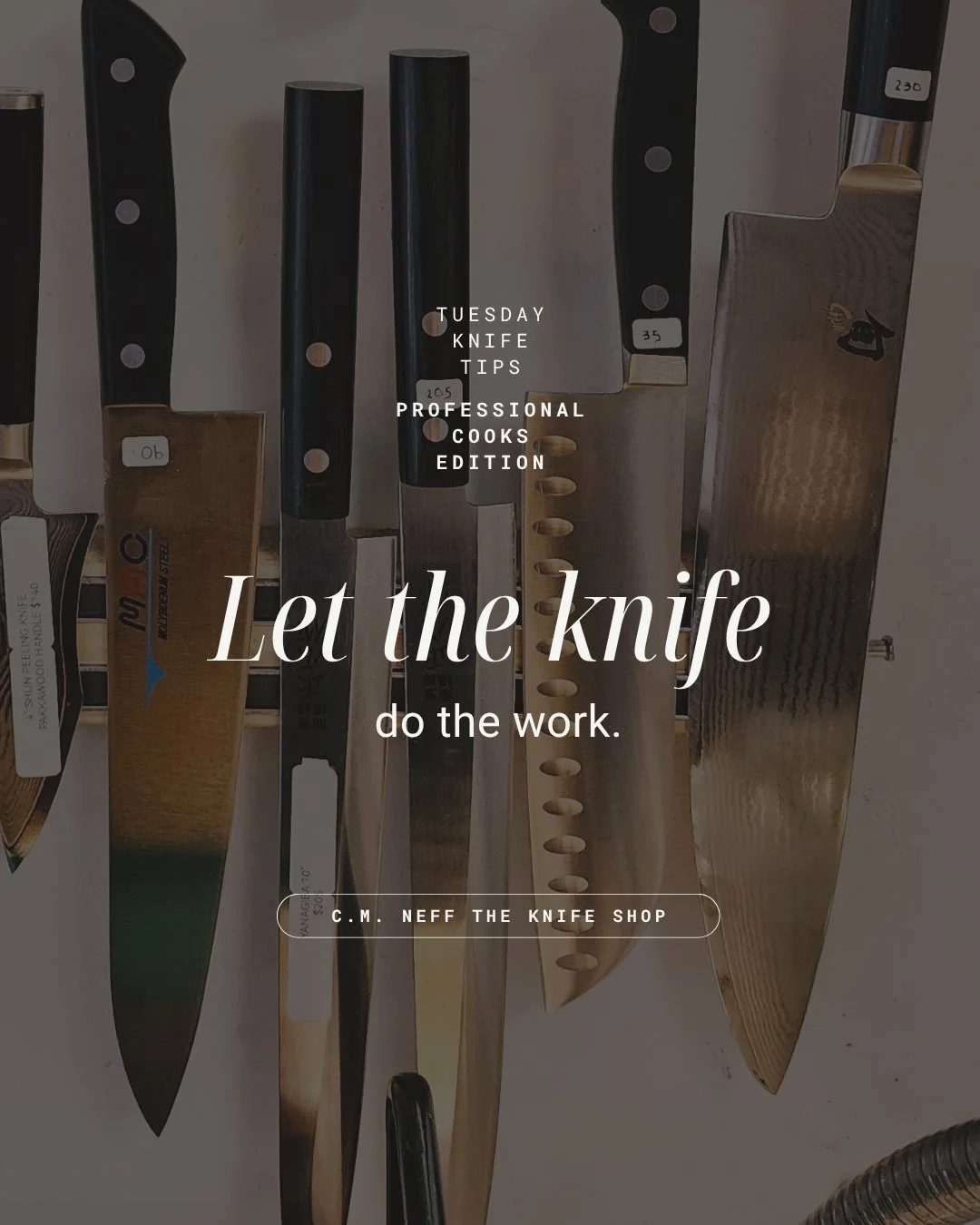 Good cutting is a smooth forward-and-down glide, not a chop-and-press. If you&rsquo;re forcing it, either your grip or your edge needs attention &mdash; not more muscle.⁠
⁠
FAQ : link in bio &uarr;⁠
Other questions? Please reach out.⁠
⁠
⁠
C.M. Neff T