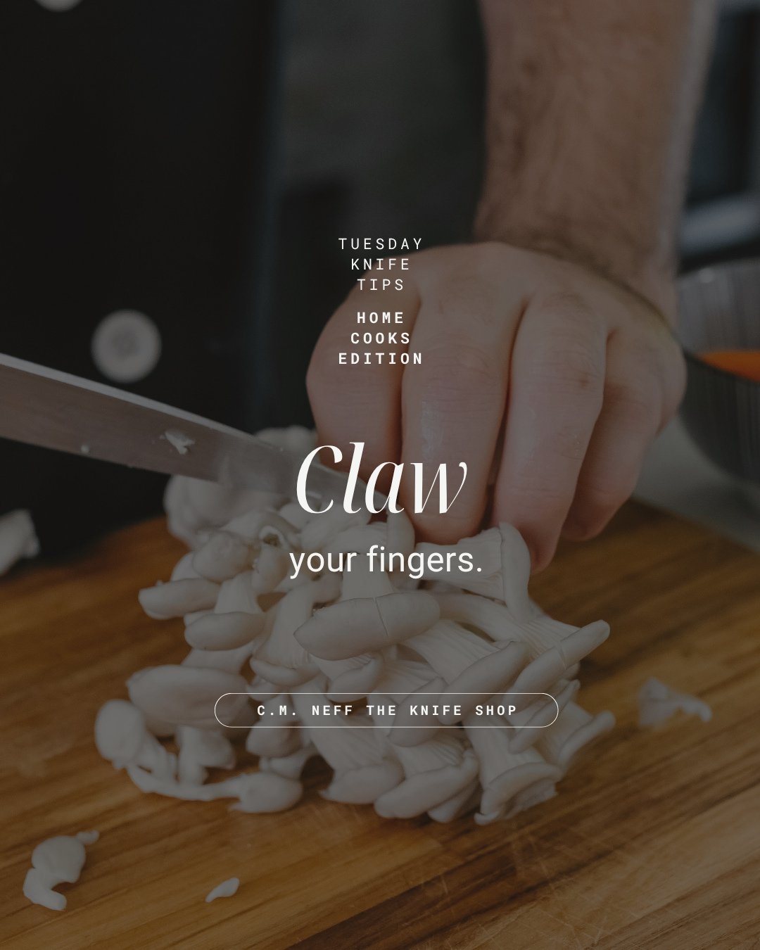 Curl your fingertips under and let your knuckles guide the blade. Your knuckle becomes the wall the knife rides against, so the sharp part never meets the part you want to keep.⁠
⁠
FAQ : link in bio &uarr;⁠
Other questions? Please reach out.⁠
⁠
⁠
C.M