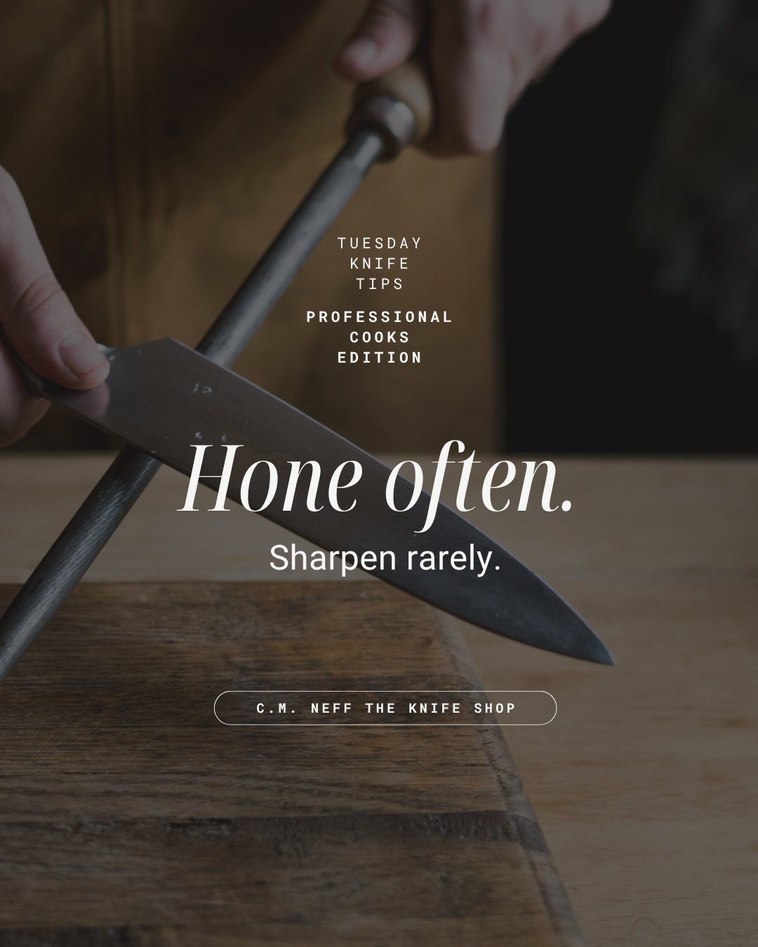 When is the last time you honed?⁠?⁠
⁠
The steel realigns your edge; it doesn&rsquo;t sharpen it. A few passes before each shift keeps you keen between actual sharpenings &mdash; know the difference and your knives last years longer.⁠
⁠
FAQ : link in 