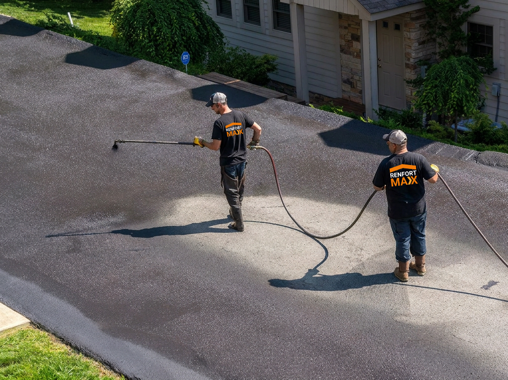 Deux techniciens RENFORTMAX en action sur une entrée résidentielle. Le premier applique le scellant d'asphalte bitume flat black à la lance, le second gère le boyau.