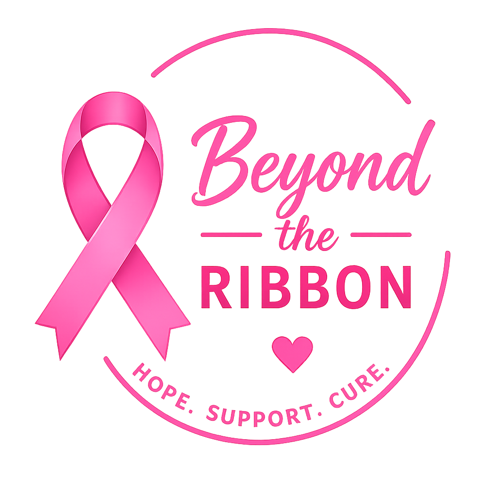Pink breast cancer awareness ribbon with the text 'Beyond the Ribbon' and a small heart, surrounded by the words 'Hope, Support, Cure' in a circular pattern.