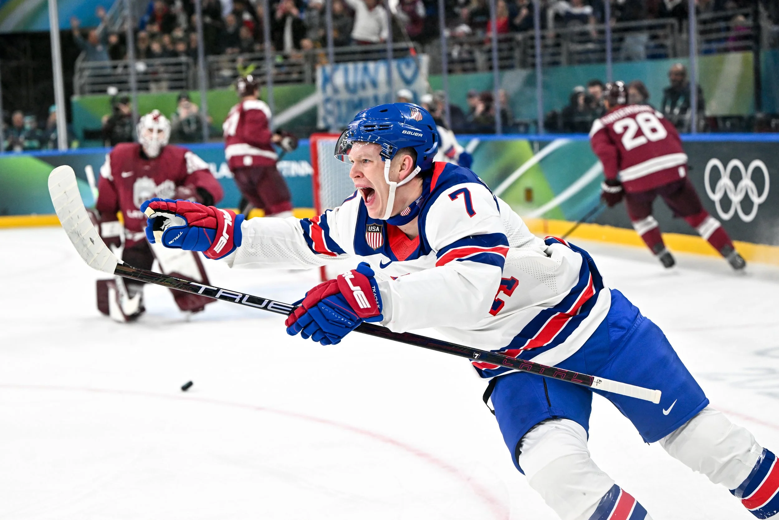  Brady Tkachuk celebrates after scoring a goal 