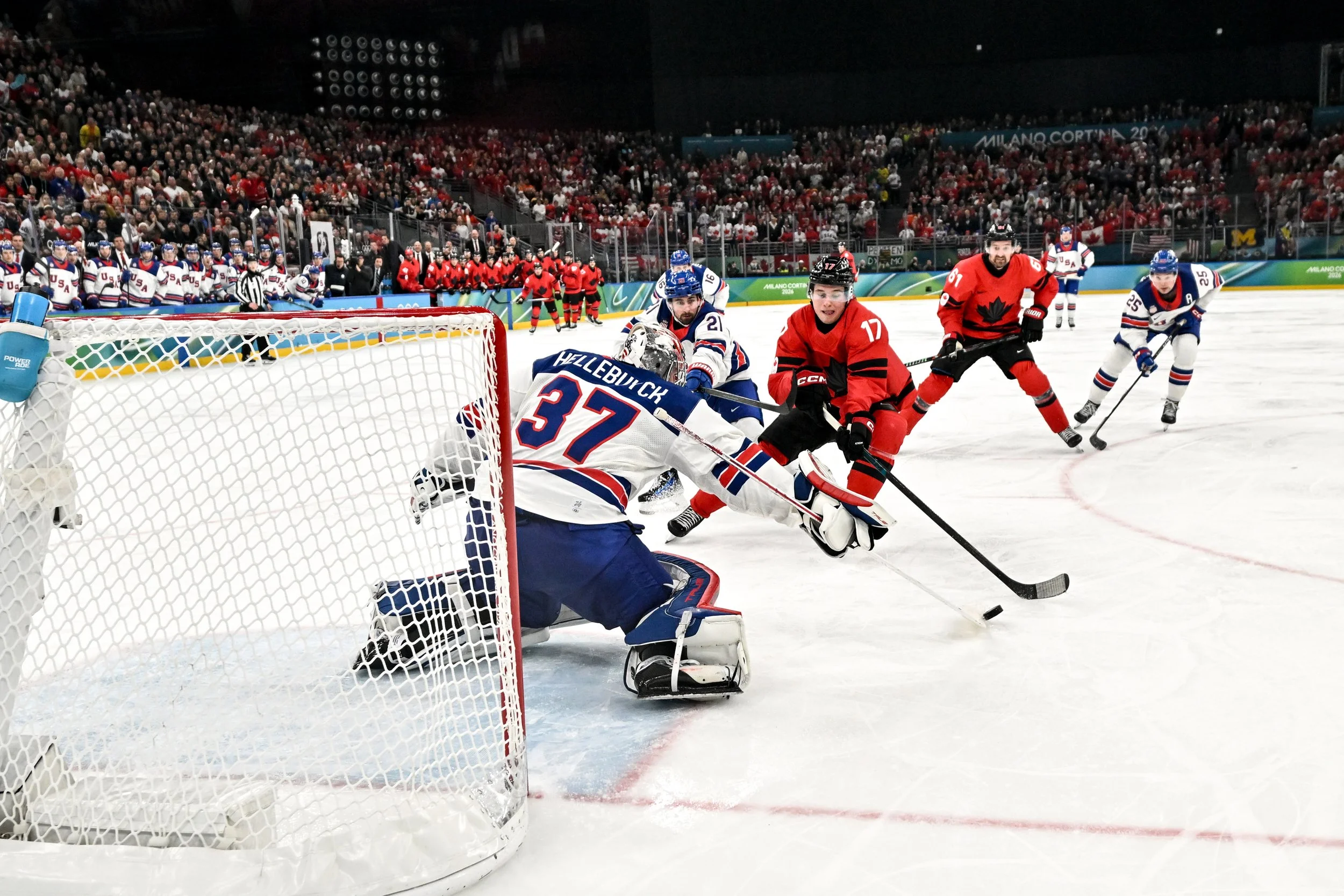  Macklin Celebrini attempts to score a goal during the Olympic final 