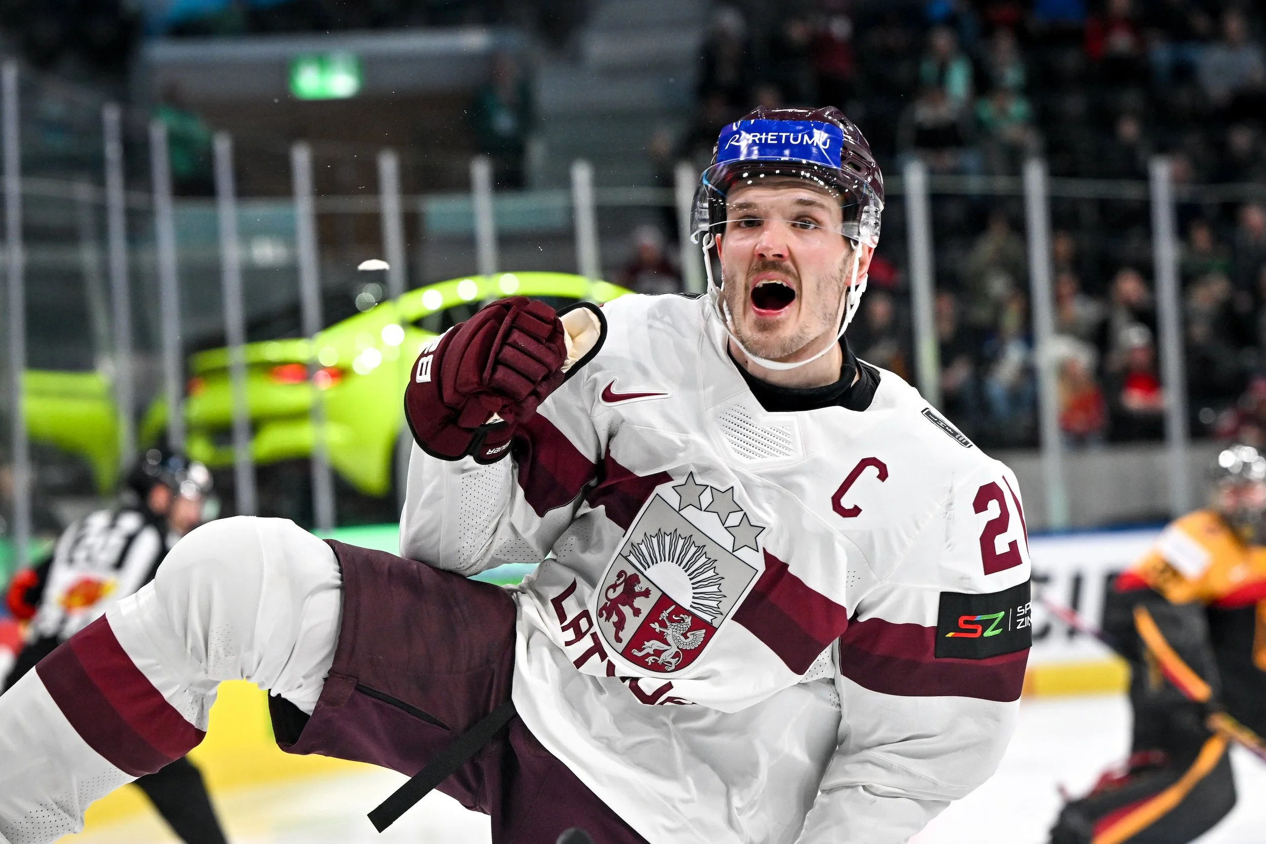  Rudolfs Balcers celebrates after finding the back of the net against Germany 